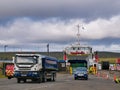 Vehicles leave the inter-island roro car ferry MV Bigga at the Gutcher ferry terminal on the island of Yell in Shetland, UK