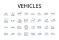 Vehicles line icons collection. Cars, Automobiles, Transportation, Modes, Conveyance, Ride-hailing, Ride-sharing vector