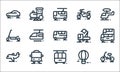 Vehicles line icons. linear set. quality vector line set such as bicycle, cable car, plane, air balloon, bus, scooter, backhoe,