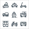 Vehicles line icons. linear set. quality vector line set such as bus, motorcycle, cable car, electric bus, ship, oil truck,
