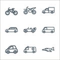 vehicles line icons. linear set. quality vector line set such as fighter jet, ambulance, small car, van, jeep, minivan, pickup,