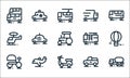 Vehicles line icons. linear set. quality vector line set such as oil truck, motorbike, ricksaw, plane, helicopter, fire truck,