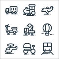vehicles line icons. linear set. quality vector line set such as train, ricksaw, helicopter, air balloon, backhoe, motorbike,