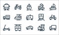 vehicles line icons. linear set. quality vector line set such as truck, car, scooter, train, cable car, container truck, train,