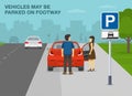 Vehicles may be parked wholly on the verge or footway sign meaning.  Back view of a red sedan car parked on sidewalk. Royalty Free Stock Photo