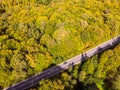 Vehicles moving on road. Above of highway between colorful forest. Aerial drone view. Golden Autumn. Theme of travel and car Royalty Free Stock Photo