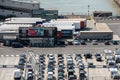 Vehicles on port of Dover ready to embark on ferry to Europe.