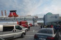 Vehicles at the port of Gdynia, Poland, waiting to board Stena Line`s ferry to Sweden.