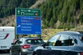 Vehicles in a queue in front of Gotthard motorway tunnel