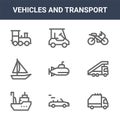 9 vehicles and transport icons pack. trendy vehicles and transport icons on white background. thin outline line icons such as Royalty Free Stock Photo