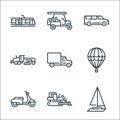 vehicles transportation line icons. linear set. quality vector line set such as sail boat, bulldozer, moped, hot air balloon, van