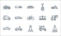 vehicles transportation line icons. linear set. quality vector line set such as sail boat, rocket, pick up car, golf cart, moped,