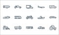 vehicles transportation line icons. linear set. quality vector line set such as tractor, electric bus, bulldozer, grader, truck,