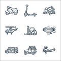 Vehicles transports line icons. linear set. quality vector line set such as airplane, car, car, zeppelin, forklift, helicopter, Royalty Free Stock Photo