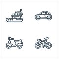 Vehicles transports line icons. linear set. quality vector line set such as bicycle, motorcycle, car