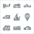 Vehicles transports line icons. linear set. quality vector line set such as car, electric bus, food truck, hot air balloon, Royalty Free Stock Photo