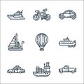 vehicles transports line icons. linear set. quality vector line set such as pick up truck, cargo ship, police car, submarine, hot