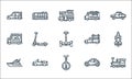 Vehicles transports line icons. linear set. quality vector line set such as train, unicycle, yatch, car, convertible, food truck,