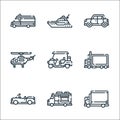 vehicles transports line icons. linear set. quality vector line set such as transportation, food truck, convertible, delivery