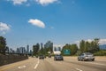 Traffic on highways. Vehicles travel along on Highway at the intersection of Trans-Canada Highway BC-1 near Burnaby BC