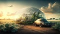 Vehicles Traverse Hydroponic Farmland Under Glass Dome Desktop Wallpaper. Generative AI