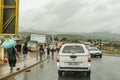 Vehicles waiting to cross the single lane bridge, Tugela Ferry