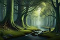 Through the Veil of Enchantment: Discovering the Serene Majesty of a Mystical Forest in a Shimmering Mist with Generative AI Royalty Free Stock Photo