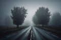 Veil of Shadows Journeying Through the Haunted Mist on an Eerie, Unsettled Road