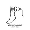 Vein ultrasound line icon. Diagnostics of varicose veins. Medical procedure on leg vector illustration. Editable stroke