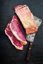 Veiny steak, marbled beef meat, on black background, top view