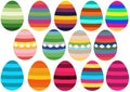 Big group of colorfull striped Easter eggs, set of decorative festive icons for greeting card, various colors Royalty Free Stock Photo