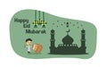 Vektor illustration of Happy Eid Mubarak with Cartoon Character Bedug
