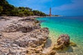 Veli Rat lighthouse and turquoise beach view Royalty Free Stock Photo