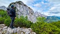 Velika Baba  - A hiking man with helmet on a hiking trail in Kamnik Savinja Alps in Carinthia, Austria, Slovenia Royalty Free Stock Photo