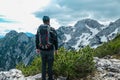 Velika Baba  - A hiking man with helmet on a hiking trail in the rocky sharp Kamnik Savinja Alps in Carinthia, Austria, Slovenia Royalty Free Stock Photo