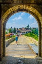 VELIKO TARNOVO, BULGARIA, AUGUST 10, 2014: People are walking towards city center of Veliko Tarnovo from the Tsarevets Royalty Free Stock Photo