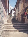 Scene from Veliko Tarnovo touristic historical town. Old worn out buildings in Bulgaria