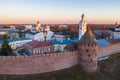 Veliky Novgorod, Historic center, Kremlin, evening view from above, aerial view from drone. Tourist center Royalty Free Stock Photo