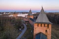 Veliky Novgorod, Historic center, Kremlin, evening view from above, Golden ring of Russia, aerial view from drone. Tourist center Royalty Free Stock Photo