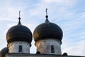 Veliky Novgorod. Park in Antonovo. Church. Domes. Cross. Royalty Free Stock Photo