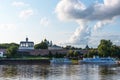 Veliky Novgorod, Russia - August 31, 2018: Panoramic view of the Kremlin, Cathedral of St Sophia , The belfry of St. Sophia Royalty Free Stock Photo