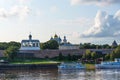 Veliky Novgorod, Russia - August 31, 2018: Panoramic view of the Kremlin, Cathedral of St Sophia , The belfry of St. Sophia Royalty Free Stock Photo