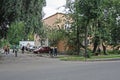 Rescue service arrived at the scene with a tree falling on the building due to a very high wind in Veliky Novgorod
