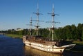 VELIKY NOVGOROD, RUSSIA - July, 2021: Frigate Flagman on the Volkhov River Royalty Free Stock Photo