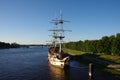 VELIKY NOVGOROD, RUSSIA - July, 2021: Frigate Flagman on the Volkhov River Royalty Free Stock Photo