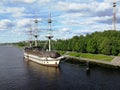 Veliky Novgorod, Russia - June 03, 2021: Frigate Flagship restaurant, water area of the Volkhov river in Veliky Novgorod Royalty Free Stock Photo