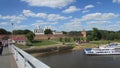 Veliky Novgorod, Russia, Kremlin, bridge over the Volkhov river, pleasure ships. Royalty Free Stock Photo