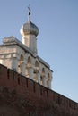 Veliky Novgorod, Russia, May 2018. The magnificent white-stone bell tower with a dome in the Novgorod Kremlin, above the fortress