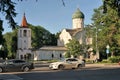 Veliky Novgorod, Russia, May 2018. Medieval Orthodox Church on the modern highway.