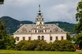 Velke Brezno, Bohemia, Czech Republic, 26 June 2021: State chateau with turret on the roof, Neo-Renaissance castle surrounded by
